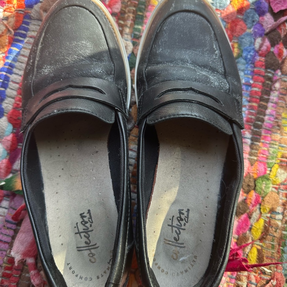 Clarks Black Leather Slip-On Penny Loafers